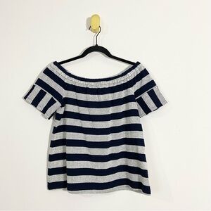 Madewell Gray Navy Blue Striped Short Sleeve Off the Shoulder Top